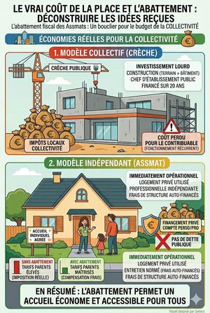 Infographie comparative : coût crèche municipale vs assistante maternelle et rôle de l'abattement fiscal comme bouclier tarifaire.